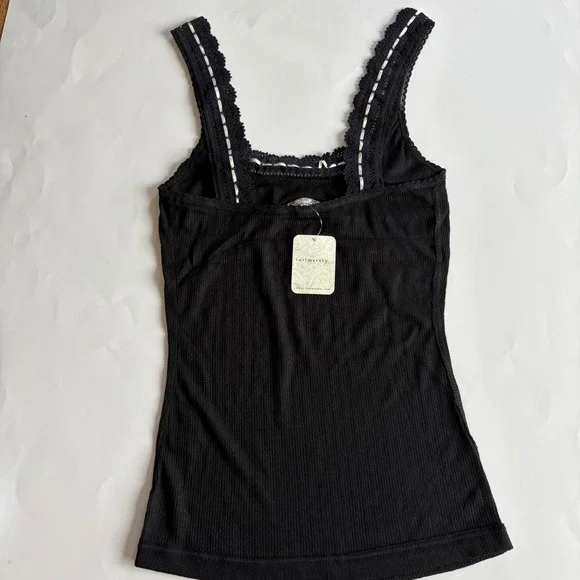 Intimately Free People Only You Black Ribbed Lace Trim Cami Tank Top XS NEW - Picture 2 of 6